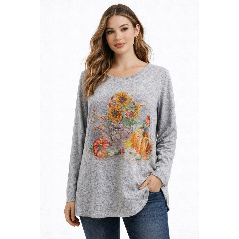One World Women’s L Gray Harvest Sunflower Pumpkin Graphic Long Sleeve Tunic Top